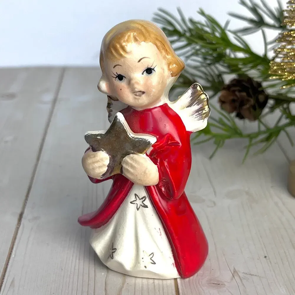 Vintage 1950-60s Porcelain Christmas Angel Red Dress Gold Star 3.5